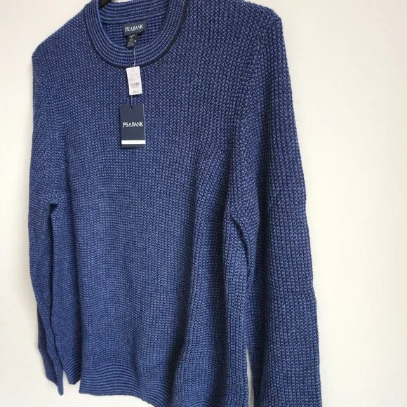 XXL Sweater Blue Navy Jos A Bank Crewneck Chunky Knit Tailored Fit Mens Wool Mix - Picture 15 of 17